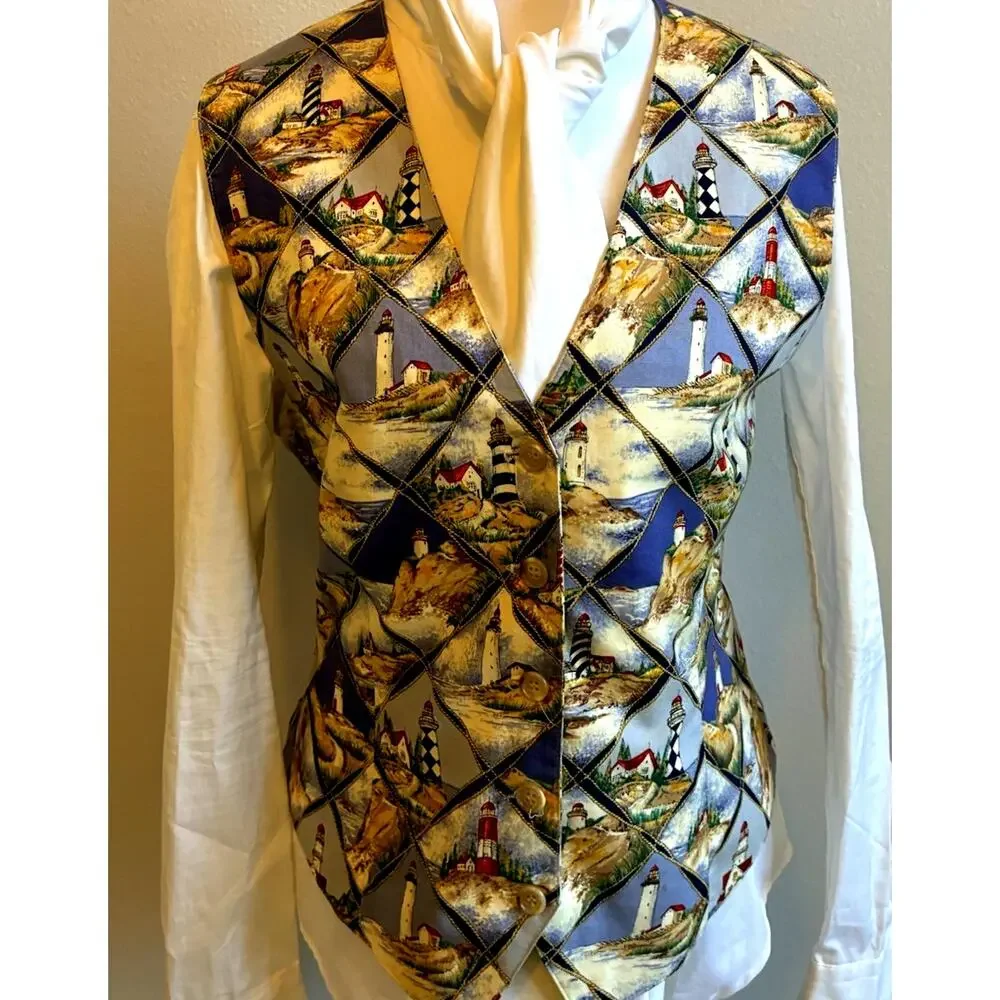 Vintage ORVIS Vest Teacher Coastal Lighthouse Waistcoat Artsy Beach Womens M